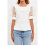 Women's Organza Puff Sleeve Knit Top with Ruffled Neck