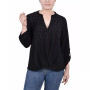 Petite 3/4 Sleeve Mandarin Collar Blouse with Front Pleats