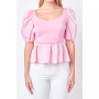 Women's Mixed Media Puff Sleeve Top