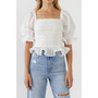 Women's Embroidered Trim Smocked Woven Top