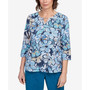 Petite Classics Striped Floral Beaded Split Neck Top
