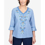 Petite Moody Blues Scroll Center Embroidery V-neck Top