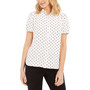 Dot-Print Button-Up Short-Sleeve Blouse