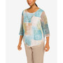Petite Coconut Grove Patchwork Popcorn Mesh 3/4 Sleeve Top