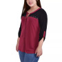 Plus Size 3/4 Sleeve Studded Top with Contrast Yoke and Sleeves
