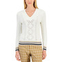 Women's Cotton Contrast-Stitching Striped-Trim Sweater