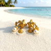Matte Gold Starfish Drop Clip On Earrings with Shells and Pearl