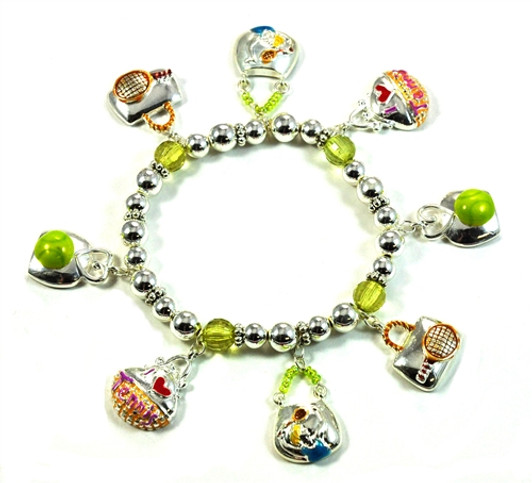 Silver Beaded Stretch Tennis Bracelet with 8 Charms