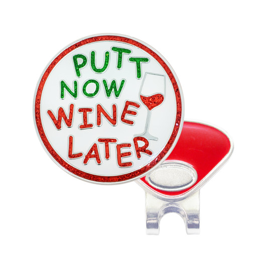 Putt Now Wine Later Glitzy Ball Marker with Hat Clip