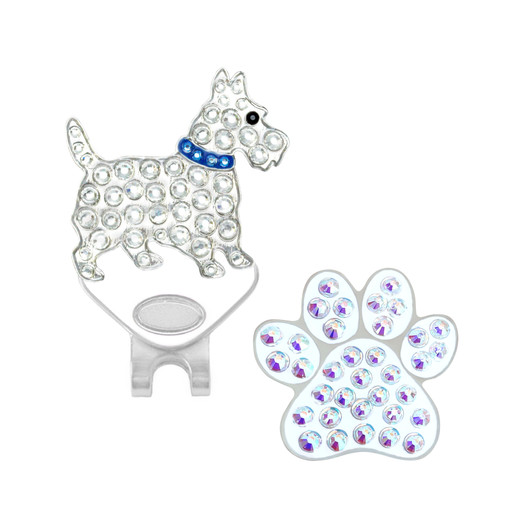 Blue Scottie Dog and White Paw Print Ball Marker Combo adorned with Crystals from Swarovski®- with ONE Hat Clip
