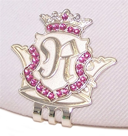 Silver INITIAL "R" Ball Marker adorned with Pink Crystals from Swarovski® + Matching Crown Clip