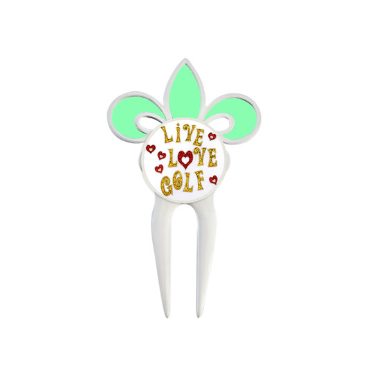 Green Fleur De Lis Divot Tool with "Live Love Golf" Glitter Ball Marker