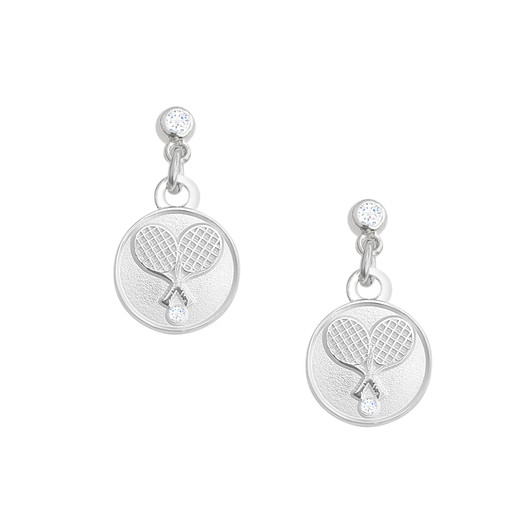 Two Tone Polished & Matte Silver Crossed Tennis Racquet Pendant Earrings with Swarovski Crystals