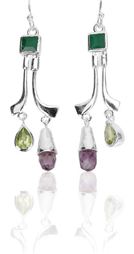 Sterling Silver Green Onyx, Peridot & Amethyst Club Dangle Earrings