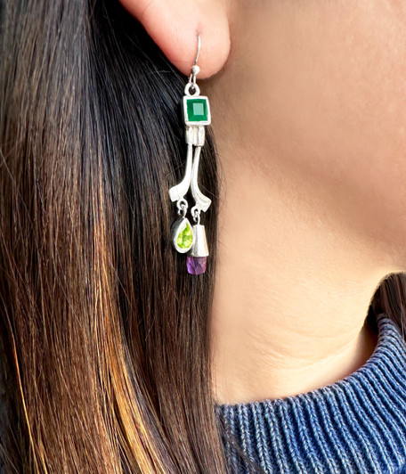 Sterling Silver Green Onyx, Peridot & Amethyst Club Dangle Earrings