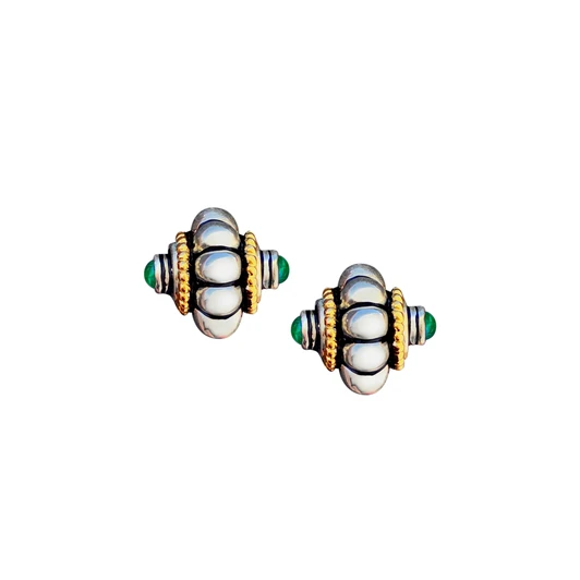 Ethnic Silver Clip Earrings with Gold Trim & Emerald Accent