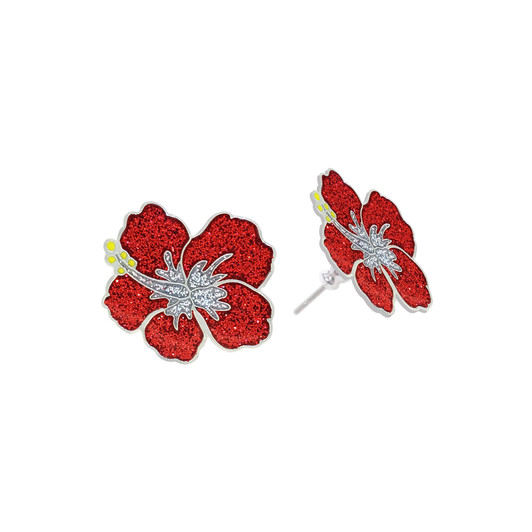Red Hibiscus Glitzy Magnetic Ball Markers Earring Set