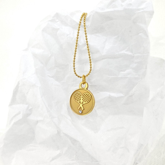 Gold Crossed Tennis Racquet Pendant Necklace With Single Crystal