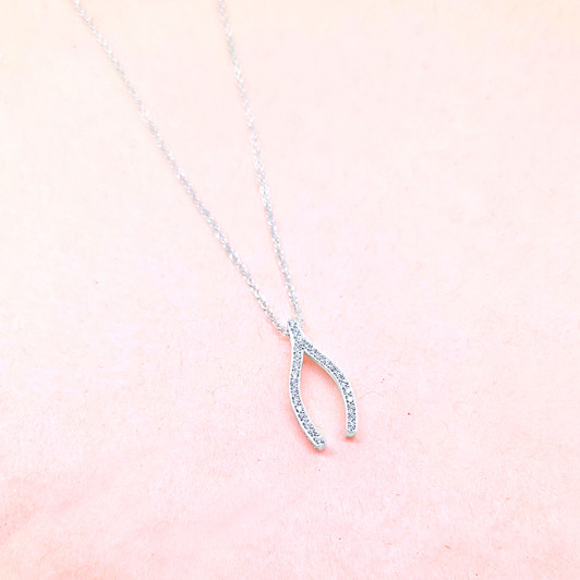 Sterling Silver Wishbone Charm Necklace With Cubic Zirconia Crystals | Gold Or Silver