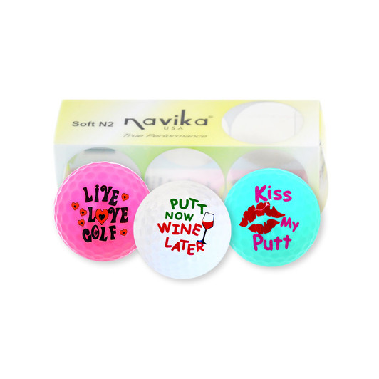 Golf Balls - Fun Golf Themed Phrase Golf Ball Set Featuring Live Love Golf, Putt Now Wine Later & Kiss My Putt (Sleeve of 3)