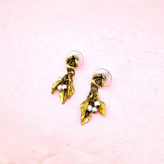 Matte Gold Rose Drop Earrings with Dangle Leaves and Tiny Pearls | Vintage Style Stud Earrings Matte Gold Rose Drop Earrings with Dangle Leaves and Tiny Pearls | Vintage Style Stud Earrings