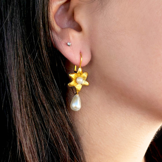 Golden Bloom Pearl Drop Earrings | Flower Themed Matte Gold Earrings Golden Bloom Pearl Drop Earrings | Flower Themed Matte Gold Earrings