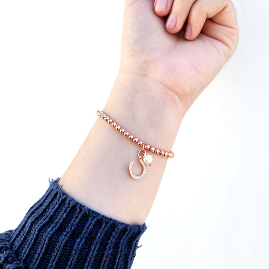 Crystal Horseshoe & Pearl Rose Gold Bead Bracelet