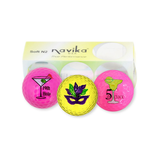 Golf Balls - Mardi Gras Mask, 5 O'Clock & 19th Hole Golf Ball Set