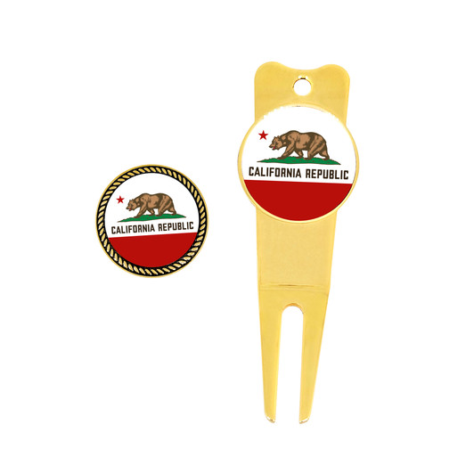 Gold Divot Tool + Ball Marker Set With California Flag Design