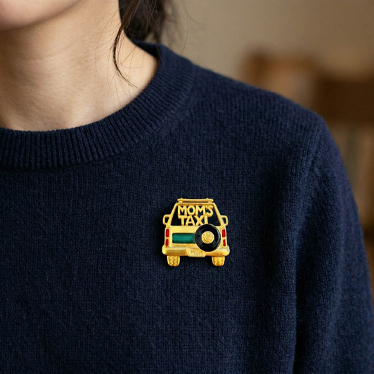 Gold Mom's Taxi Enamel Pin | Retro Van Lapel Brooch