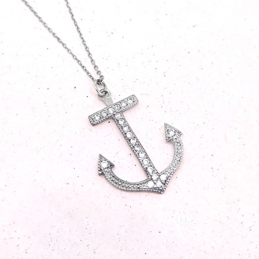 Sterling Silver Anchor Necklace with CZ
