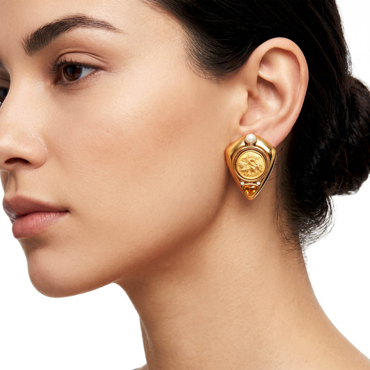 Vintage Navika Lion and Cherub Emblem Clip On Earrings With Amber Stone & Crystal Accents