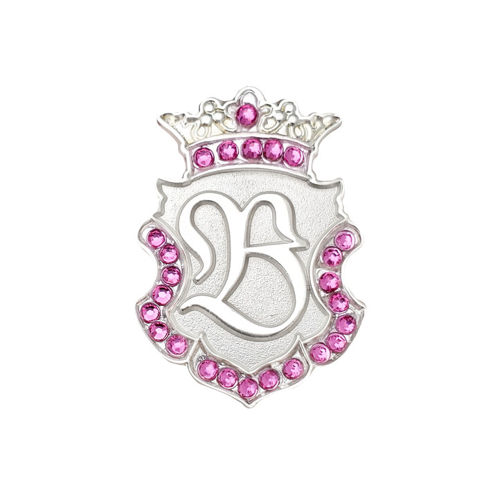 Silver INITIAL "B" Ball Marker adorned with Pink Crystals from Swarovski® + Matching Crown Clip