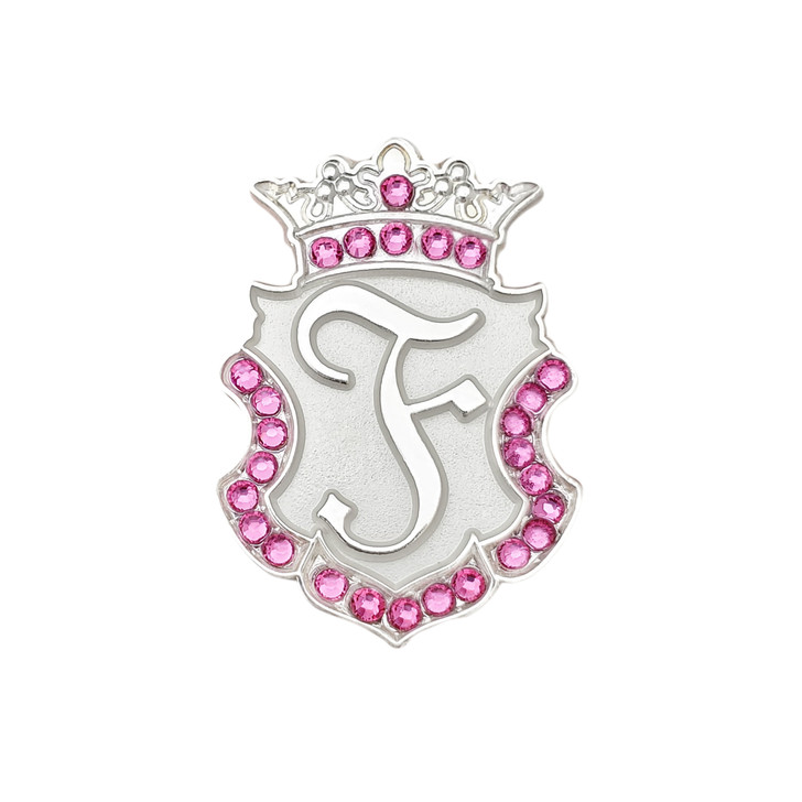 Silver INITIAL "F" Ball Marker adorned with Pink Crystals from Swarovski® + Matching Crown Clip