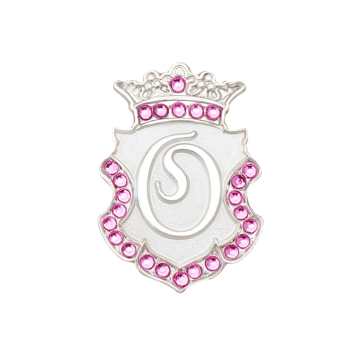 Silver INITIAL "O" Ball Marker adorned with Pink Crystals from Swarovski® + Matching Crown Clip