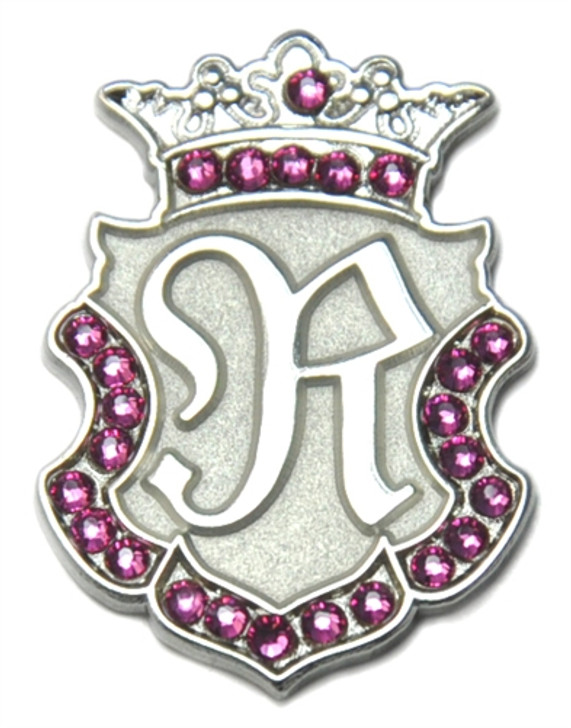 Silver INITIAL "R" Ball Marker adorned with Pink Crystals from Swarovski® + Matching Crown Clip