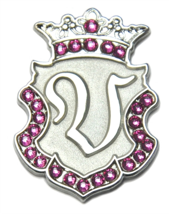 Silver INITIAL "V" Ball Marker adorned with Pink Crystals from Swarovski® + Matching Crown Clip