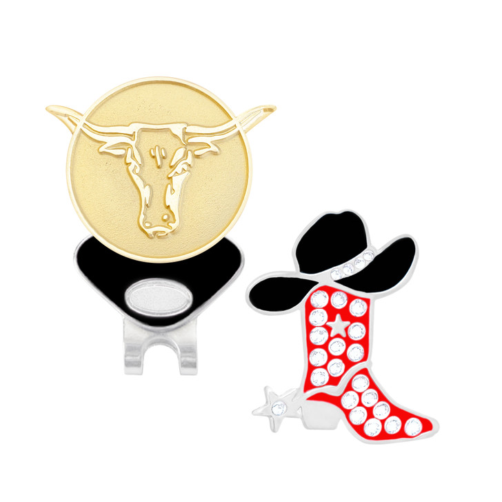 Red Cowgirl Boot Ball Marker adorned with Crystals from Swarovski® and Gold Longhorn Ball Marker- with ONE Hat Clip