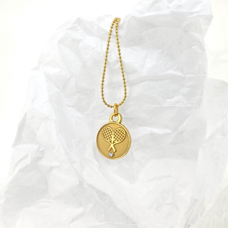 Gold Crossed Tennis Racquet Pendant Necklace With Single Crystal