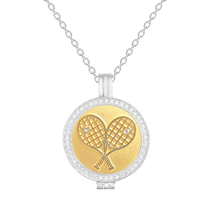 Crystal Live Love Life Silver Necklace with Gold Plated Crossed Racquets Charm