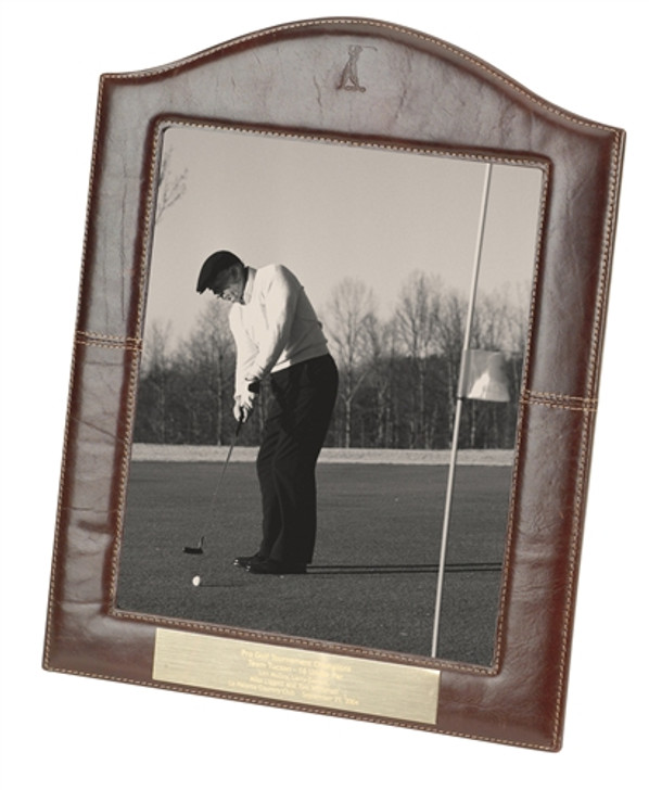 Picture Frame - Chocolate Color Leather Photo Frame Embossed with Vintage Golfer