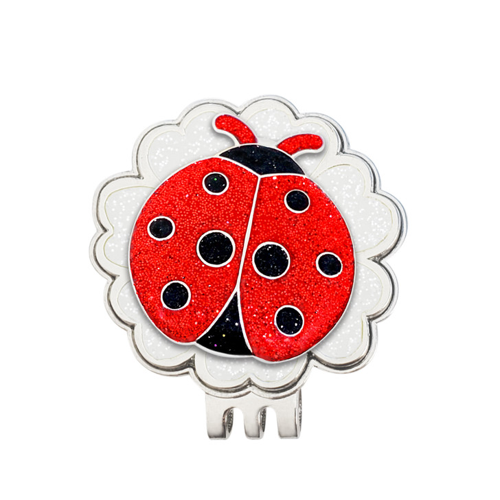 Glitzy Ladybug Ball Marker on White Flower Hat Clip