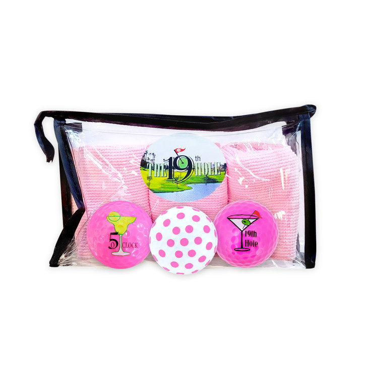 Gift Set - Clear Ditty Bag with 19th Hole Themed Golf balls & Microfiber Towel Set
