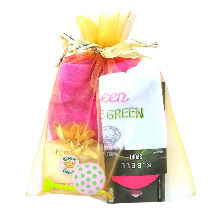 Golf Socks/Towel Gift Set - Socks & Towel Gift Set with "Queen of the Green" Ankle socks, Swarovski Crystal Ball Marker & Pink/Green Polka Dot Golf Ball