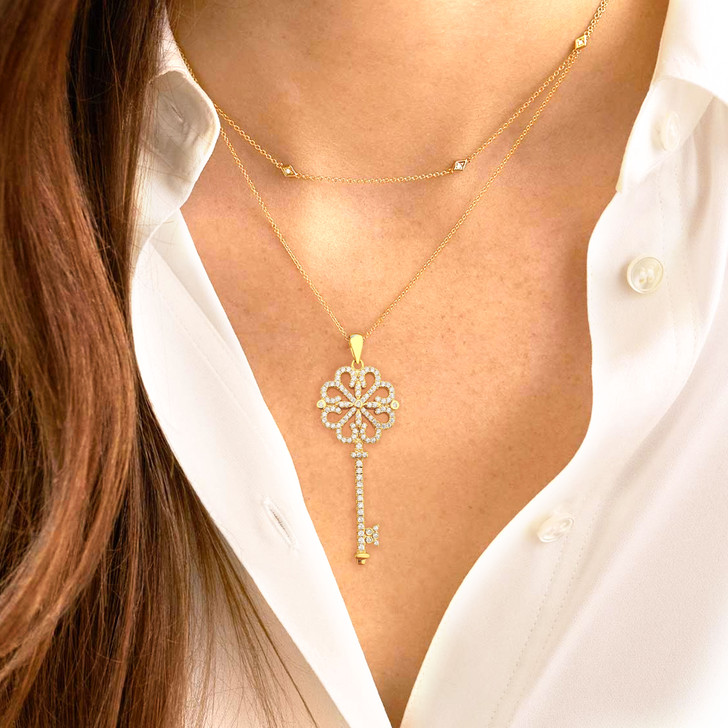 Necklace - Large Crystal Bloom Key Necklace in Gold or Silver