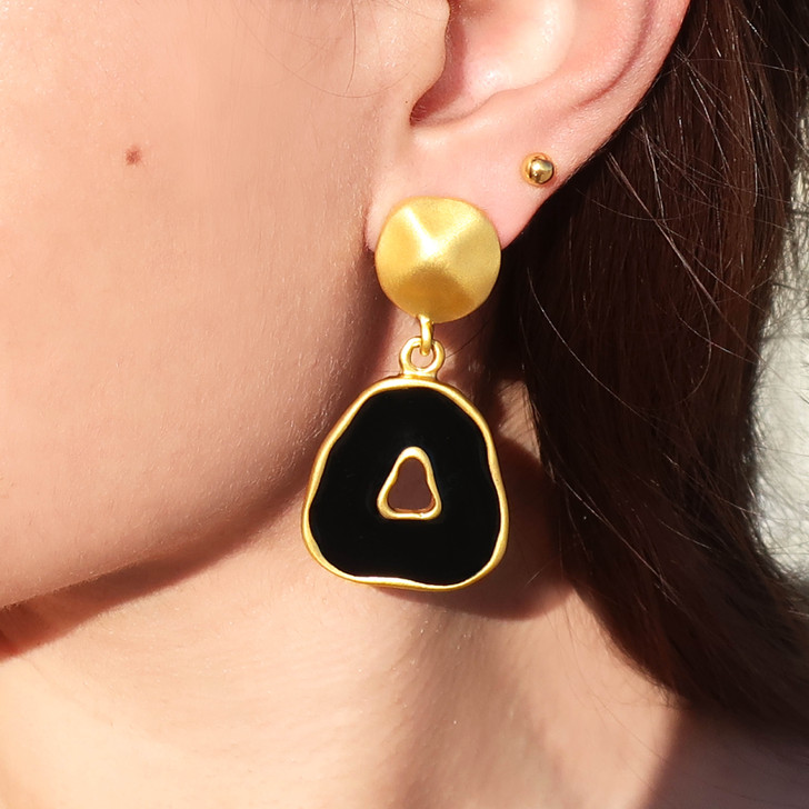 Black and Matte Gold Large Vintage Earrings | Retro Triangle Shaped Earrings