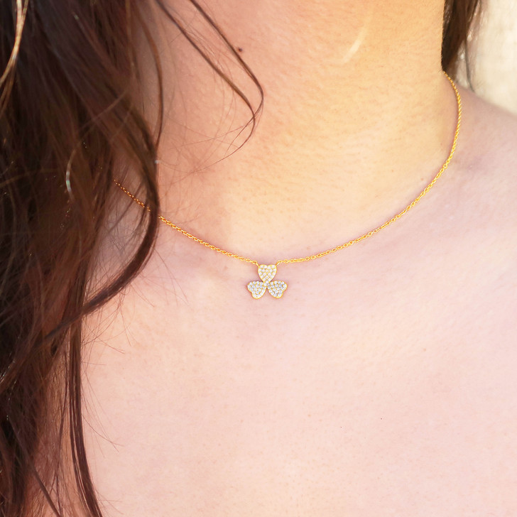 Crystal Encrusted Clover Charm Necklace in Gold or Silver