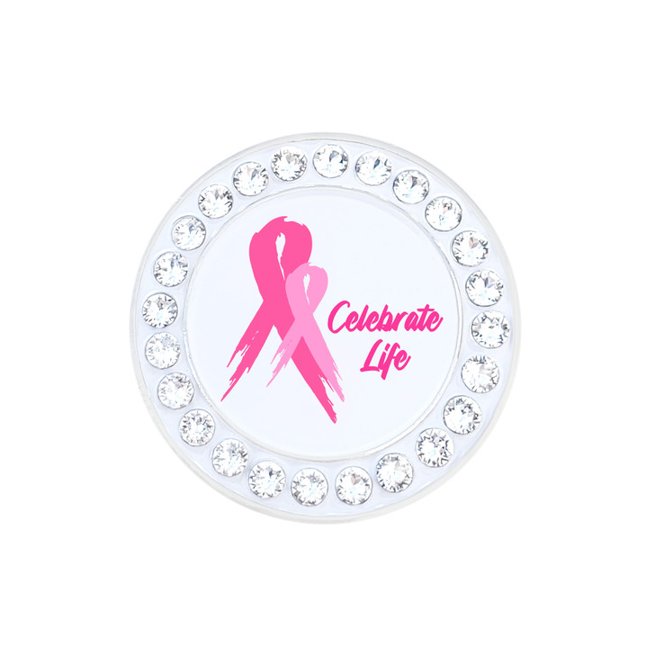 Pink Ribbon "Celebrate Life" White Ball Marker adorned with Crystals from Swarovski®- with Hat Clip