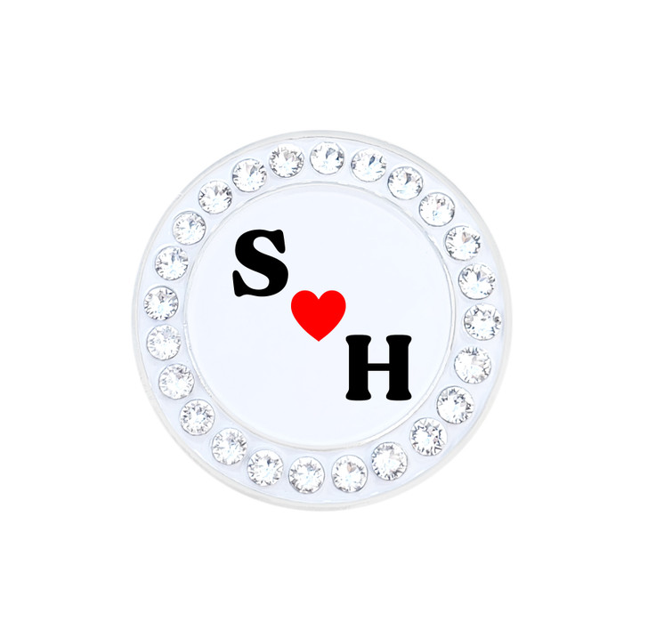 Wedding Gift Bride & Groom Initials With Red Heart Golf Ball Marker adorned with Crystals from Swarovski®- with Hat Clip and Organza Pouch | Choose Your Colors