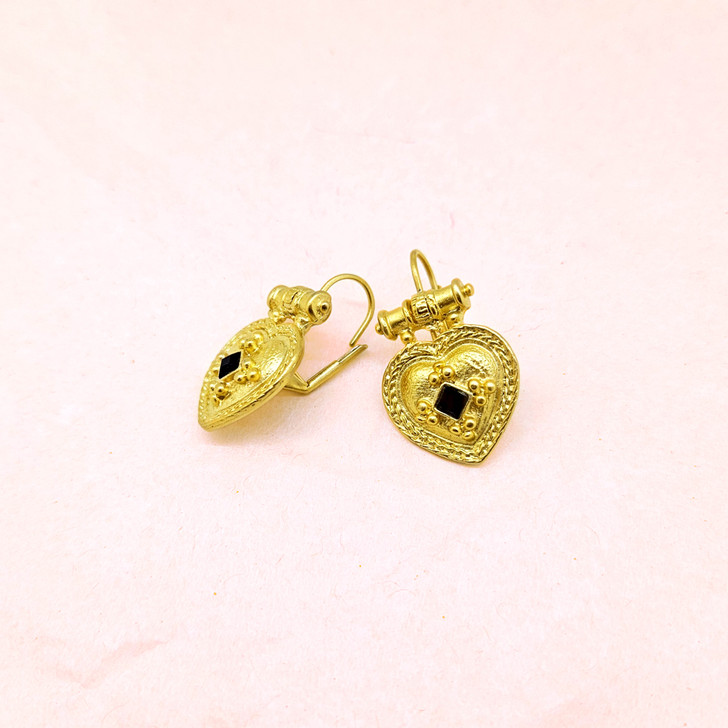 Blanca Signed Matte Gold Heart Earrings With Black Accent